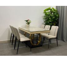 Bộ bàn ghế phòng ăn cao cấp Juno sofa mặt đá đệm da, chân mạ PVD kèm 6 ghế - 1600 cm x 800 cm