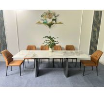 Bộ bàn ghế phòng ăn Juno sofa mặt đá ceramic, chân sắt sơn tĩnh điện kèm 6 ghế kevin - 1m6 x 2m