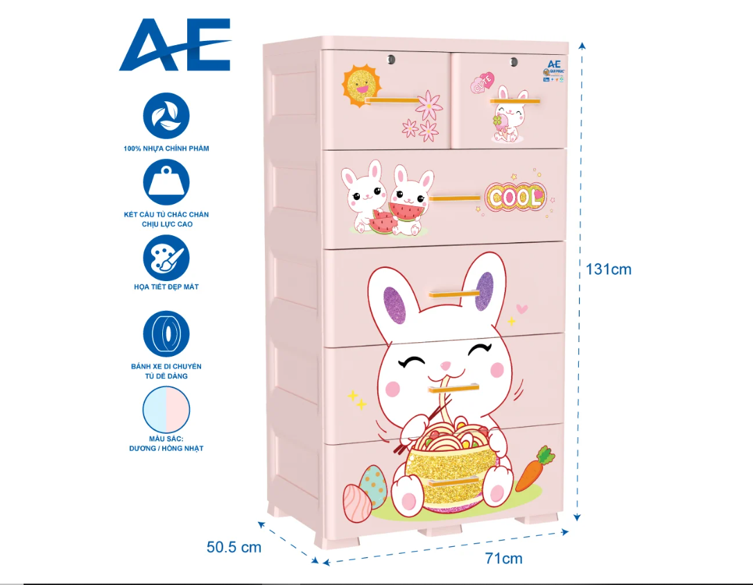 Tủ nhựa 5 tầng Qui Phúc AE màu hồng mẫu Rabbit KT 710 x 505 x 1310 mm _ Juno Sofa hàng lắp sẵn