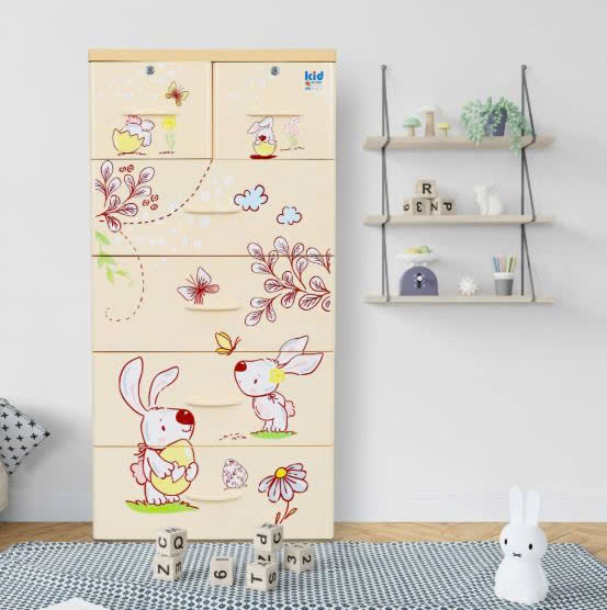 Tủ nhựa 5 tầng Qui Phúc KID màu hột gà mẫu Con Thỏ KT 600 x 470 x 1300 mm _ Juno Sofa hàng lắp sẵn