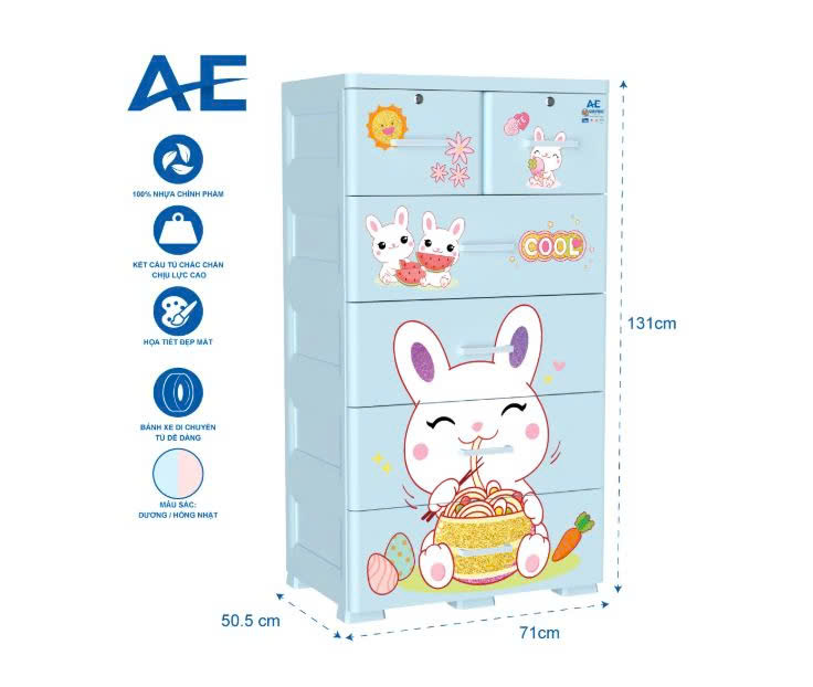 Tủ nhựa 5 tầng Qui Phúc AE màu xanh dương mẫu Rabbit KT 710 x 505 x 1310 mm _ Juno Sofa hàng lắp sẵn