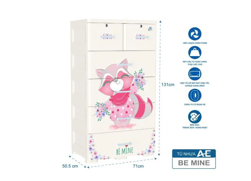 Tủ nhựa 5 tầng Qui Phúc AE màu hồng mẫu Be mine KT 710 x 505 x 1310 mm _ Juno Sofa hàng lắp sẵn