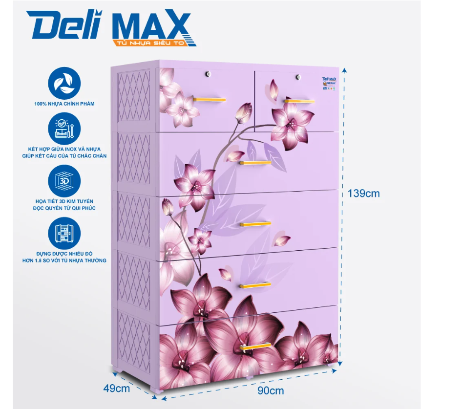 Tủ nhựa 5 tầng Qui Phúc Deli Max màu tím mẫu Hoa KT 900 x 490 x 1390 mm