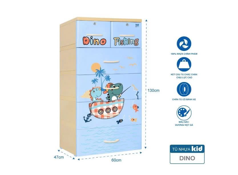 Tủ nhựa 5 tầng Qui Phúc KID màu xanh dương mẫu Dino Fishing KT 600 x 400 1300mm