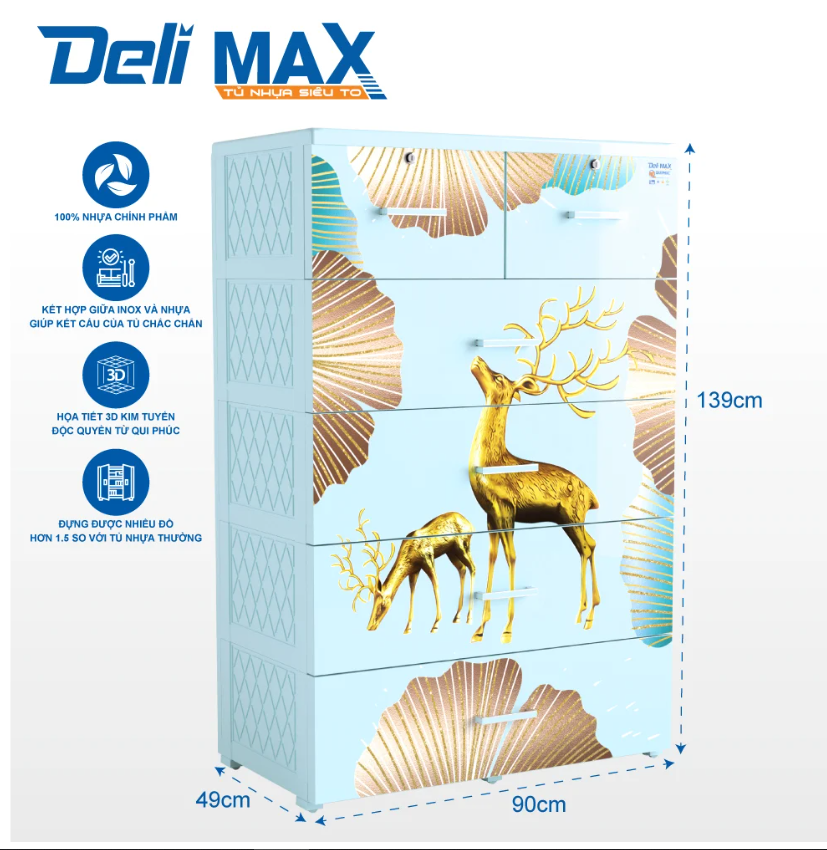 Tủ nhựa 5 tầng Qui Phúc Deli Max màu xanh dương mẫu Hươu KT 900 x 490 x 1390 mm