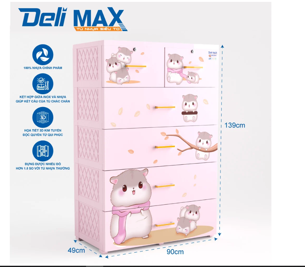 Tủ nhựa 5 tầng Qui Phúc Deli Max màu hồng mẫu Chuột Hamster KT 900 x 490 x 1390 mm
