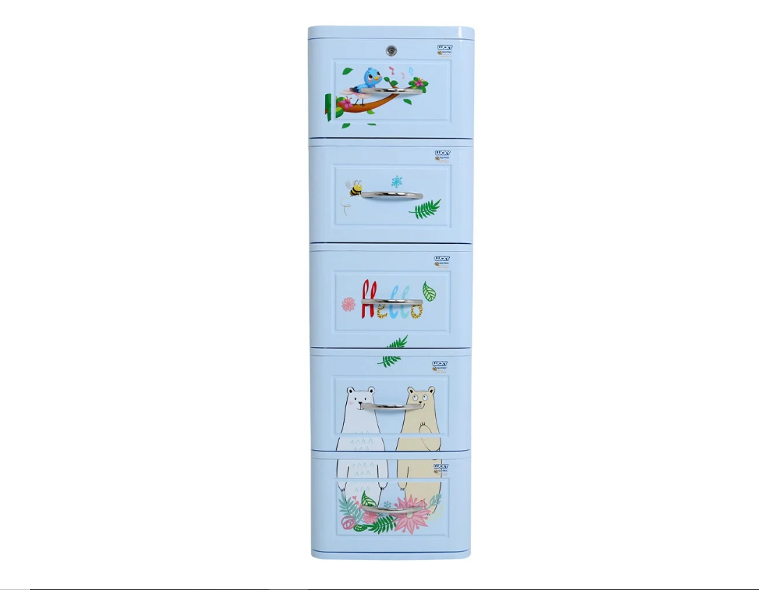 Tủ nhựa 5 tầng Qui Phúc Lucky màu xanh mẫu hình Gấu KT  380 x 410 x 1250 mm