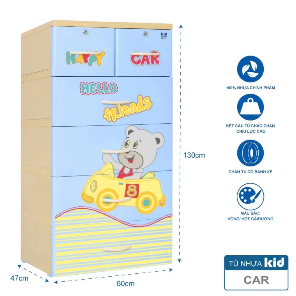 Tủ nhựa 5 tầng Qui Phúc KID màu xanh dương mẫu Car KT 600 x 470 x 1300 mm _ Juno Sofa hàng lắp sẵn 